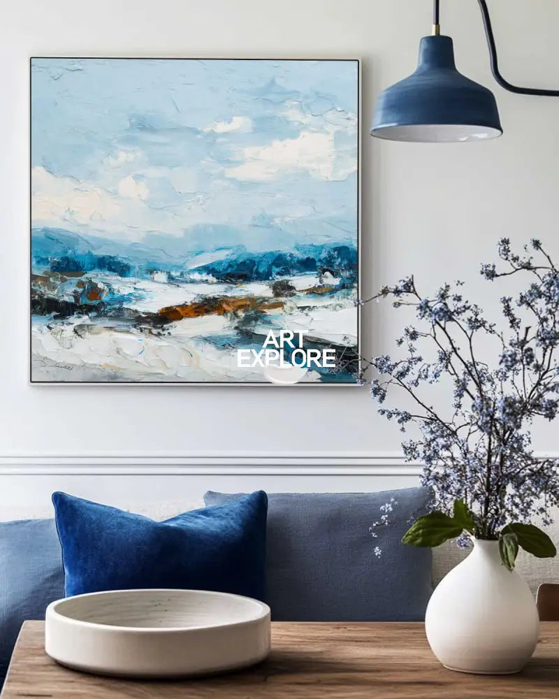 Tranquil Coastal Blue Landscape Wall Art – Handmade Oil Painting for Large Living Spaces