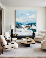 Large Tranquil Coastal Wall Art – Blue Landscape Texture Painting for Minimalist Modern Homes