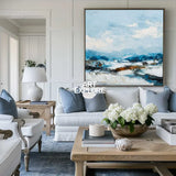 Tranquil Sky Blue Oil Painting – Minimalist Coastal Artwork for Modern Large Space Decoration