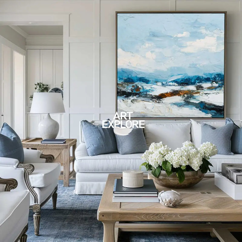 Tranquil Sky Blue Oil Painting – Minimalist Coastal Artwork for Modern Large Space Decoration