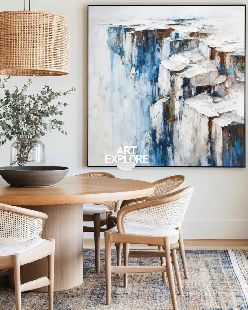 ArtExplore Tranquil Coastal Landscape Artwork – Textured Modern Painting for Dining Areas