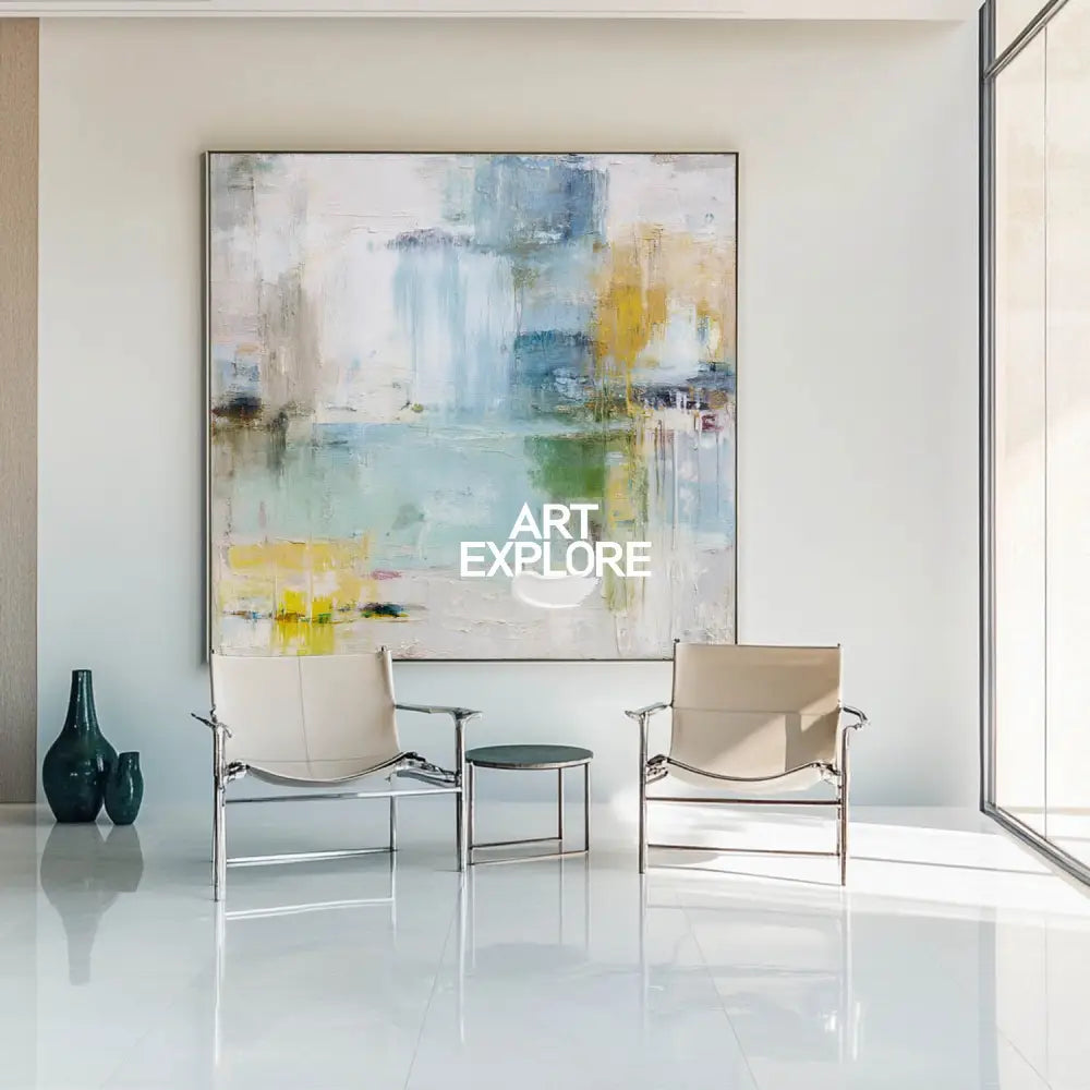 Tranquil Coastal Blue Abstract Painting – Sky Hues Large Minimalist Landscape Wall Art