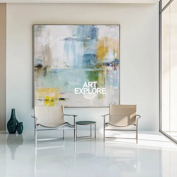 Tranquil Coastal Blue Abstract Painting – Sky Hues Large Minimalist Landscape Wall Art