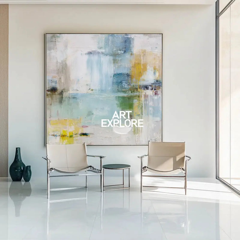 Tranquil Coastal Blue Abstract Painting – Sky Hues Large Minimalist Landscape Wall Art