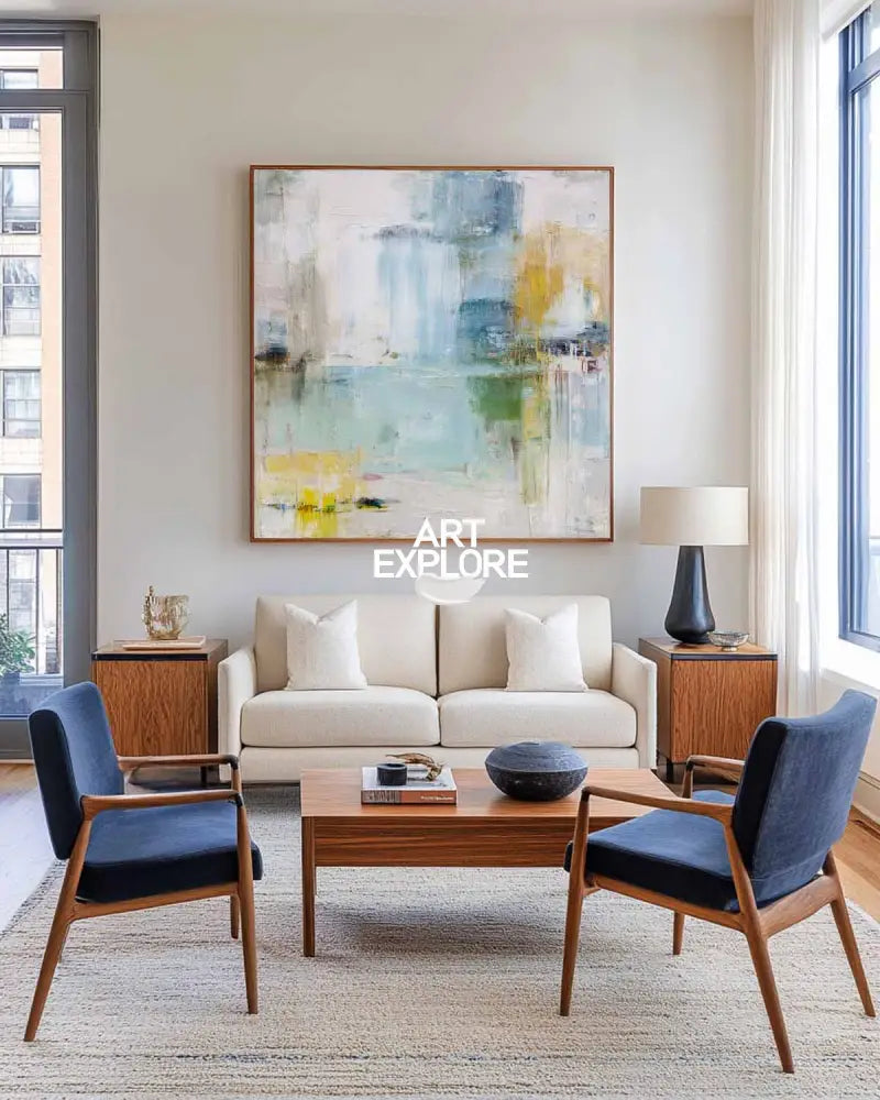 Serene Coastal Sky Abstract Canvas – Large Blue Modern Wall Art for Living Room