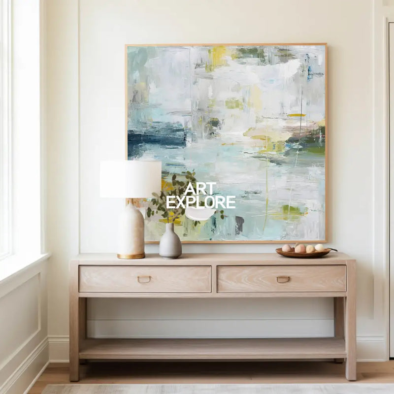 Large Square Sky & Sea Abstract Oil Painting – Coastal Modern Art Piece