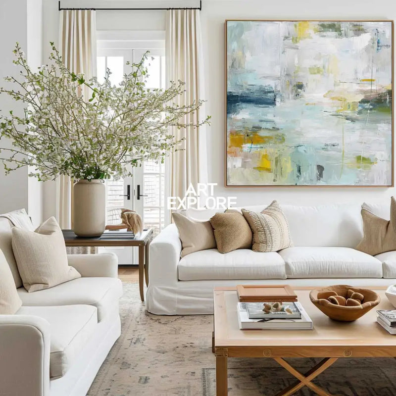 Square Modern Coastal Scenery Painting – Tranquil Sky Tones Wall Art