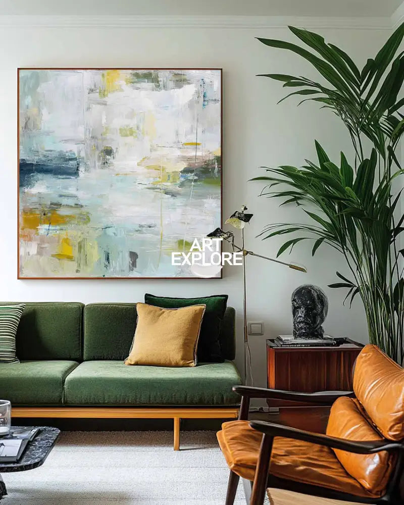 Abstract Coastal Landscape Painting – Square Modern Wall Art with Texture