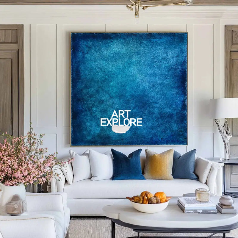 Large Blue Canvas Painting | Handmade Wabi-Sabi Art for Elegant Interiors | ArtExplore