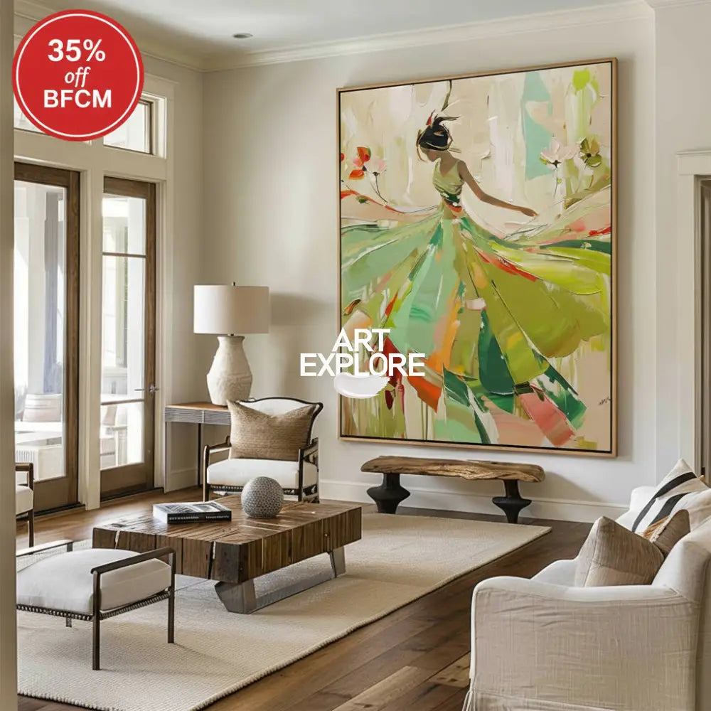 Green Painting Of Dancing Girl African Ballerina Dancing Wall Art Large texture wall paintings 