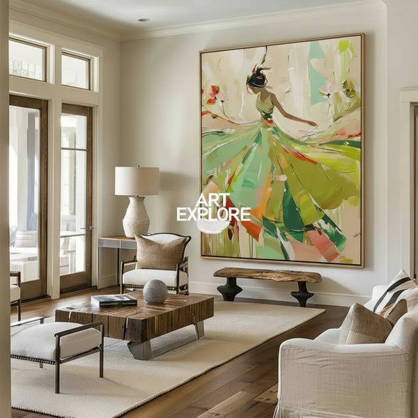 Green Painting Of Dancing Girl African Ballerina Dancing Wall Art Large texture wall paintings 