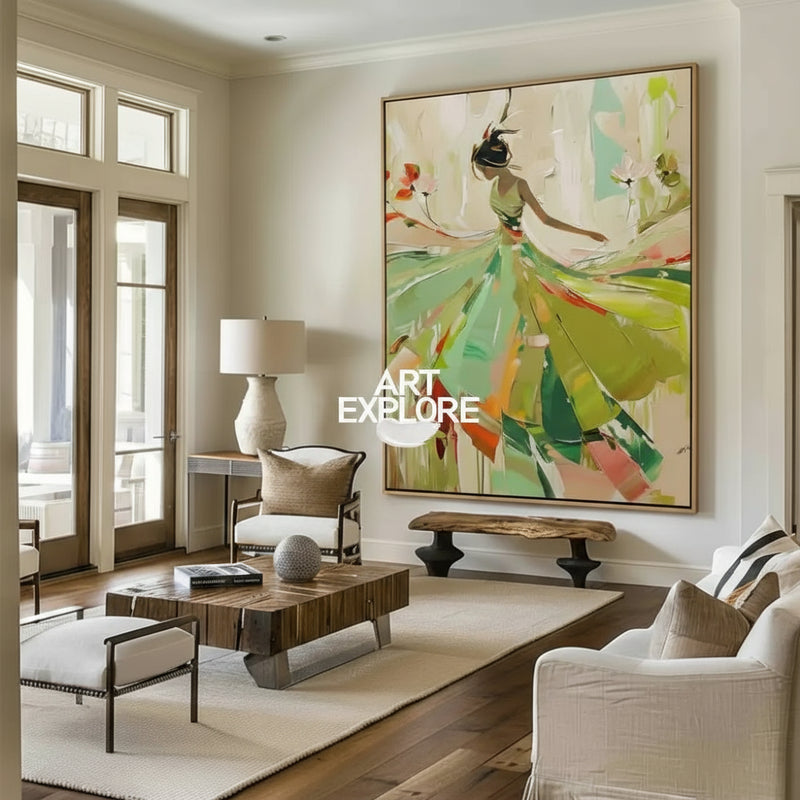 Green Painting Of Dancing Girl African Ballerina Dancing Wall Art Large texture wall paintings 