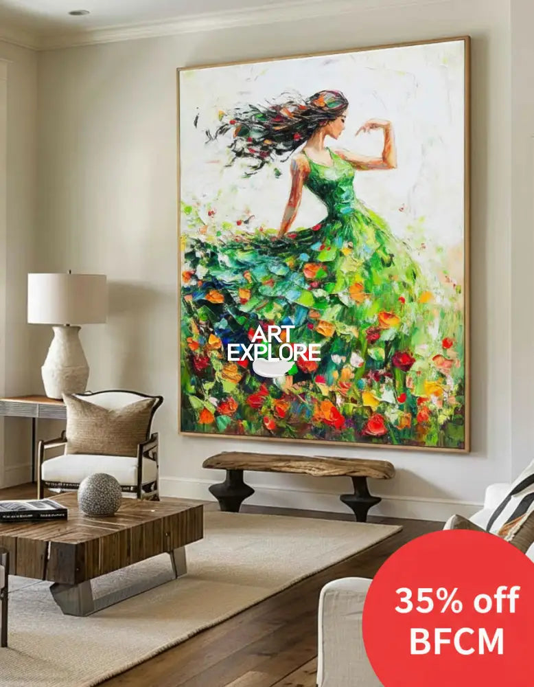 Large Green Painting Of Dancing Girl Ballerina Dancing Wall Art Large Green Texture Wall Paintings
