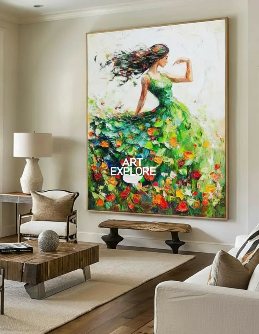 Large Green Painting Of Dancing Girl Ballerina Dancing Wall Art Large Green Texture Wall Paintings