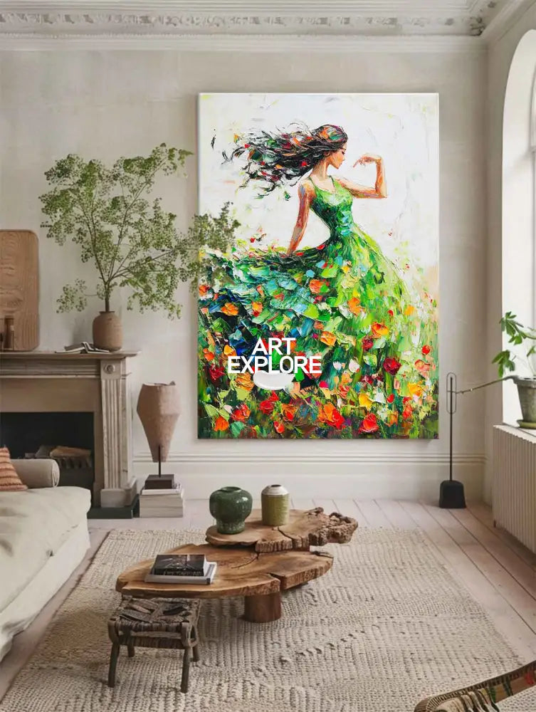 Large Green Painting Of Dancing Girl Ballerina Dancing Wall Art Large Green Texture Wall Paintings
