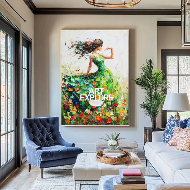 Large Green Painting Of Dancing Girl Ballerina Dancing Wall Art Large Green Texture Wall Paintings