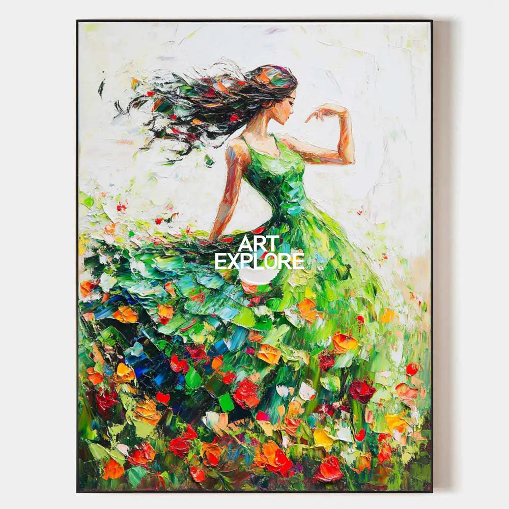 Large Green Painting Of Dancing Girl Ballerina Dancing Wall Art