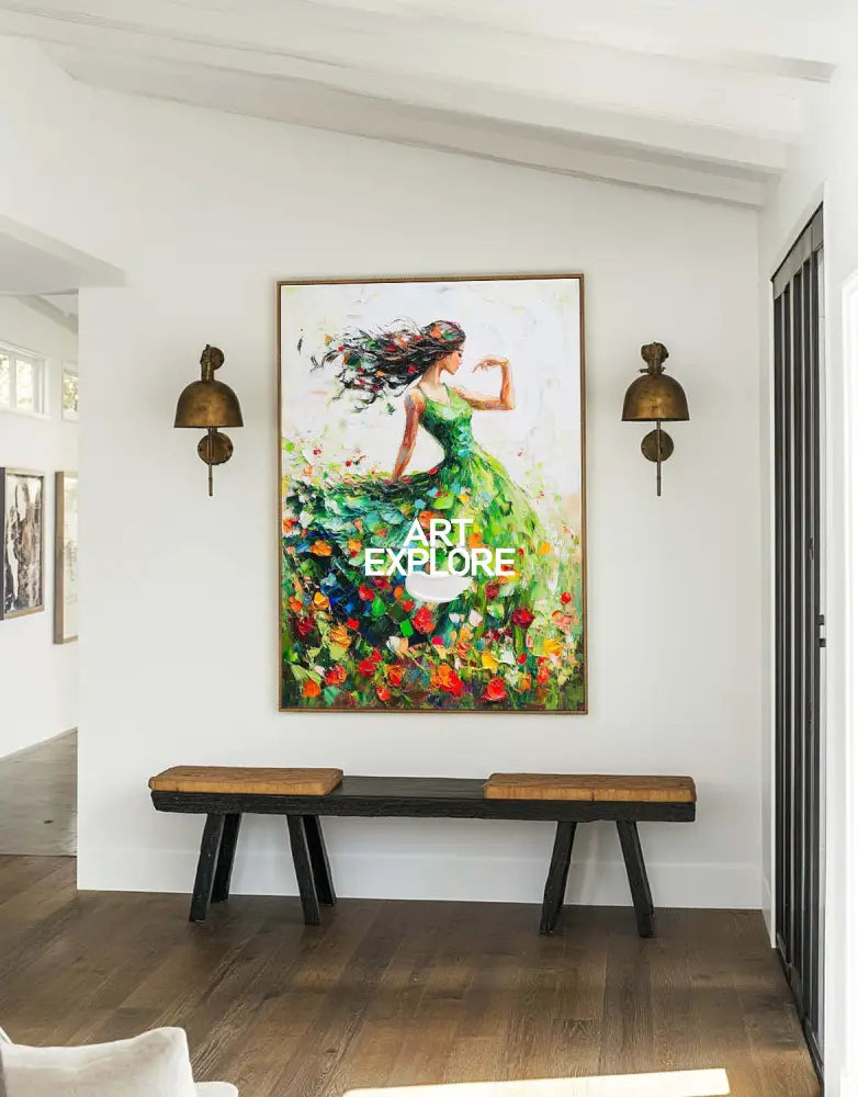 Large Green Painting Of Dancing Girl Ballerina Dancing Wall Art Large Green Texture Wall Paintings