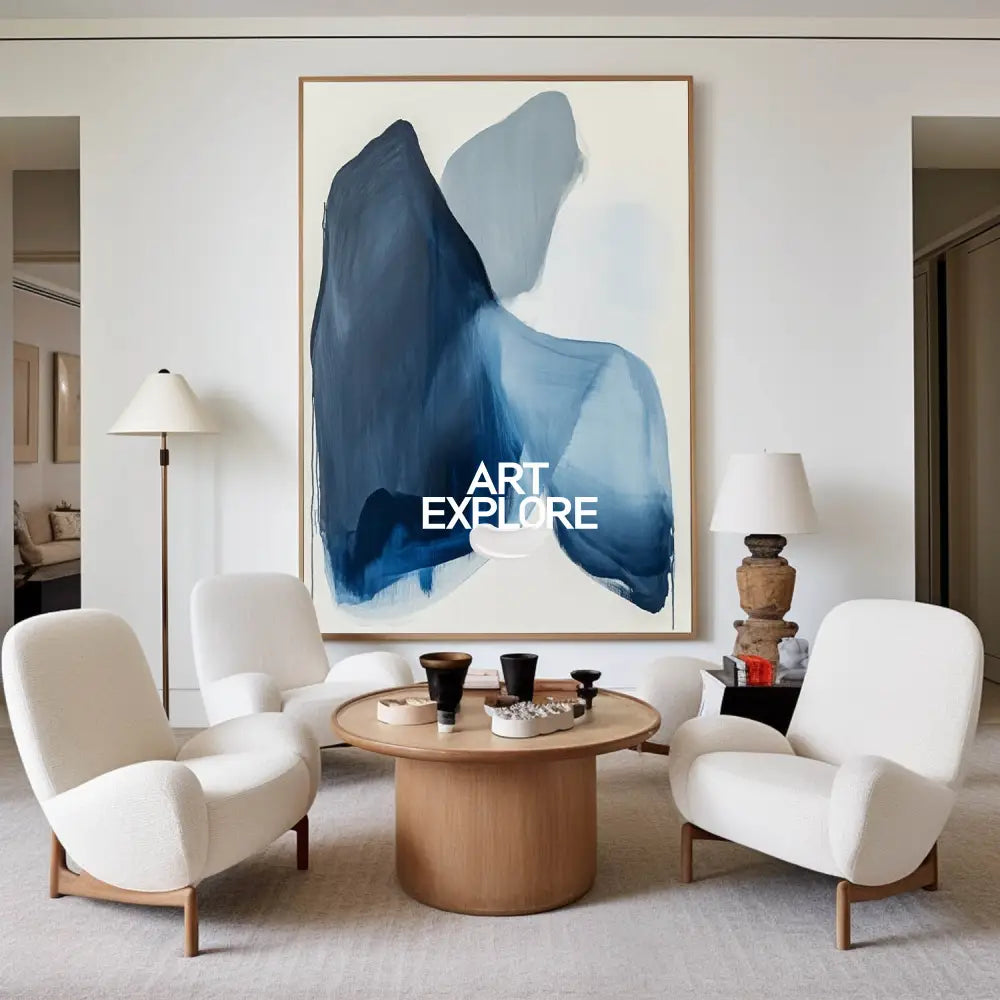 Modern Blue White Abstract Canvas Art Blue Minimalist Wall Painting Large Blue Wall Art For Sale