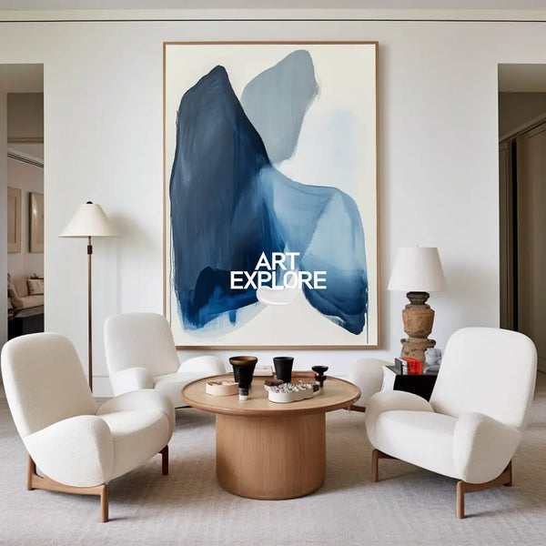 Modern Blue White Abstract Canvas Art Blue Minimalist Wall Painting Large Blue Wall Art For Sale