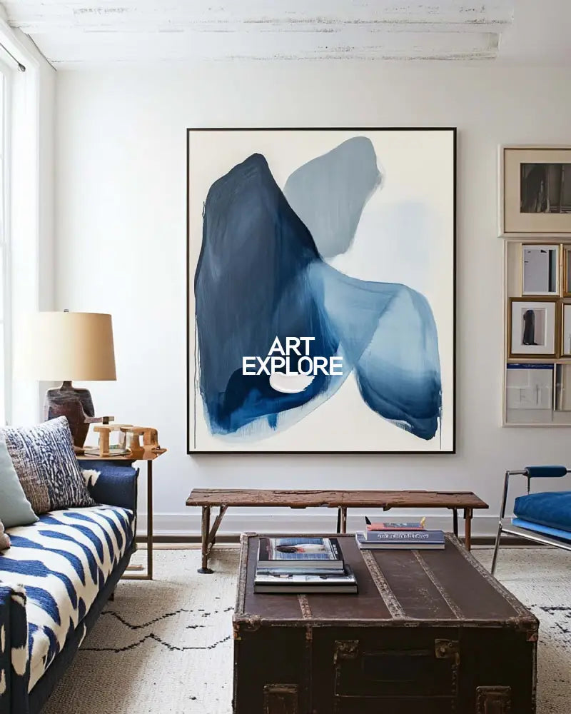 Modern Blue White Abstract Canvas Art Blue Minimalist Wall Painting Large Blue Wall Art For Sale