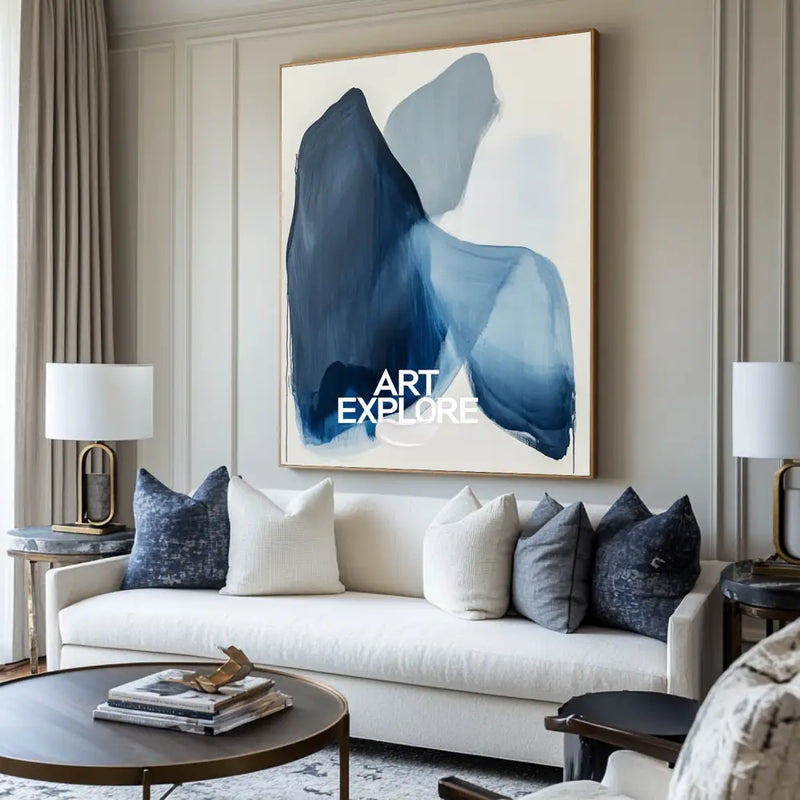 Modern Blue White Abstract Canvas Art Blue Minimalist Wall Painting Large Blue Wall Art For Sale