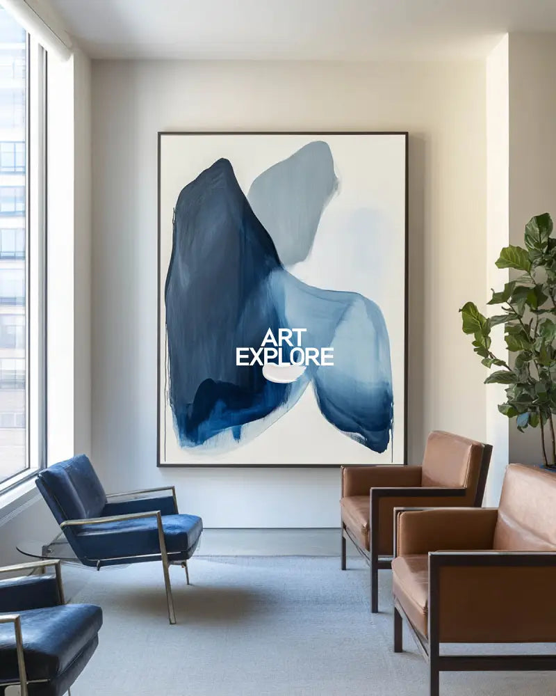 Modern Blue White Abstract Canvas Art Blue Minimalist Wall Painting Large Blue Wall Art For Sale
