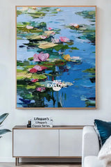 Blue Lotus Wall Art Painting Lage Water Lily Impressionist Painting Blue Texture Wall Art for Sale