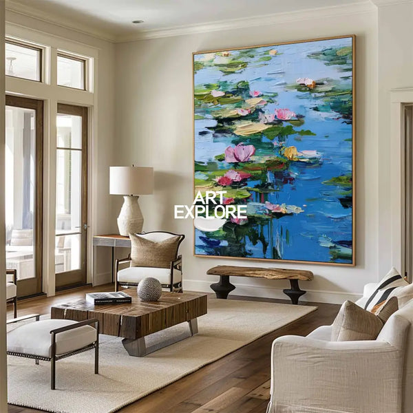 Blue Lotus Wall Art Painting Lage Water Lily Impressionist Painting Blue Texture Wall Art for Sale