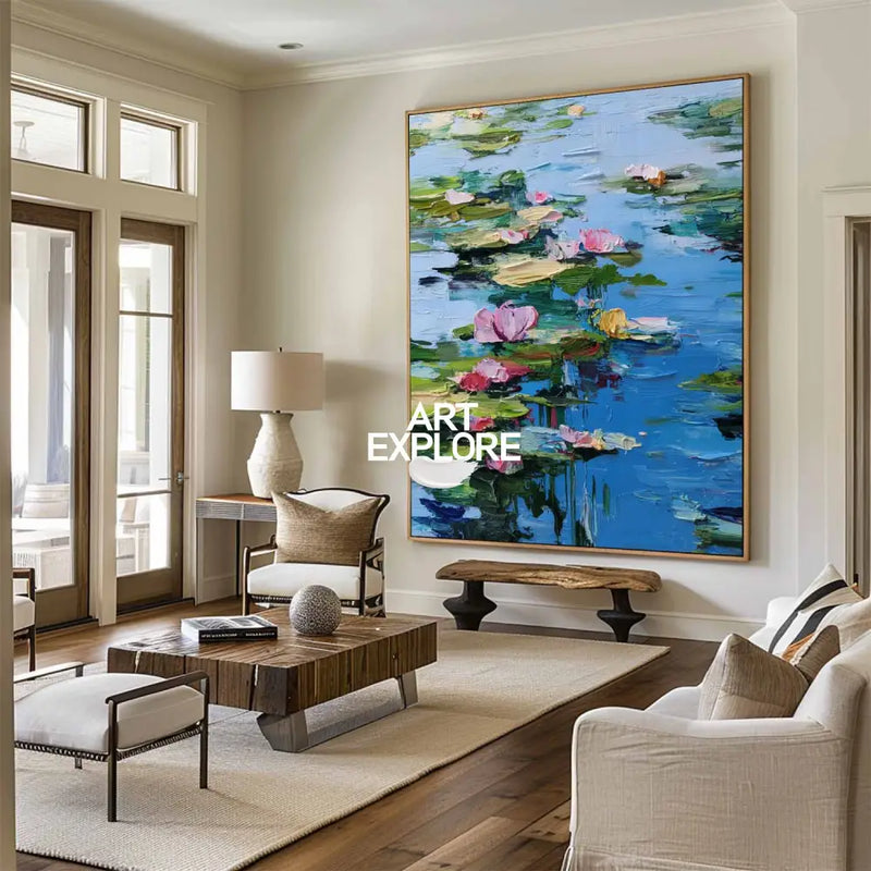 Blue Lotus Wall Art Painting Lage Water Lily Impressionist Painting Blue Texture Wall Art for Sale