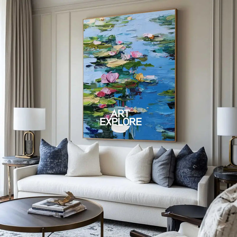 Blue Lotus Wall Art Painting Lage Water Lily Impressionist Painting Blue Texture Wall Art for Sale