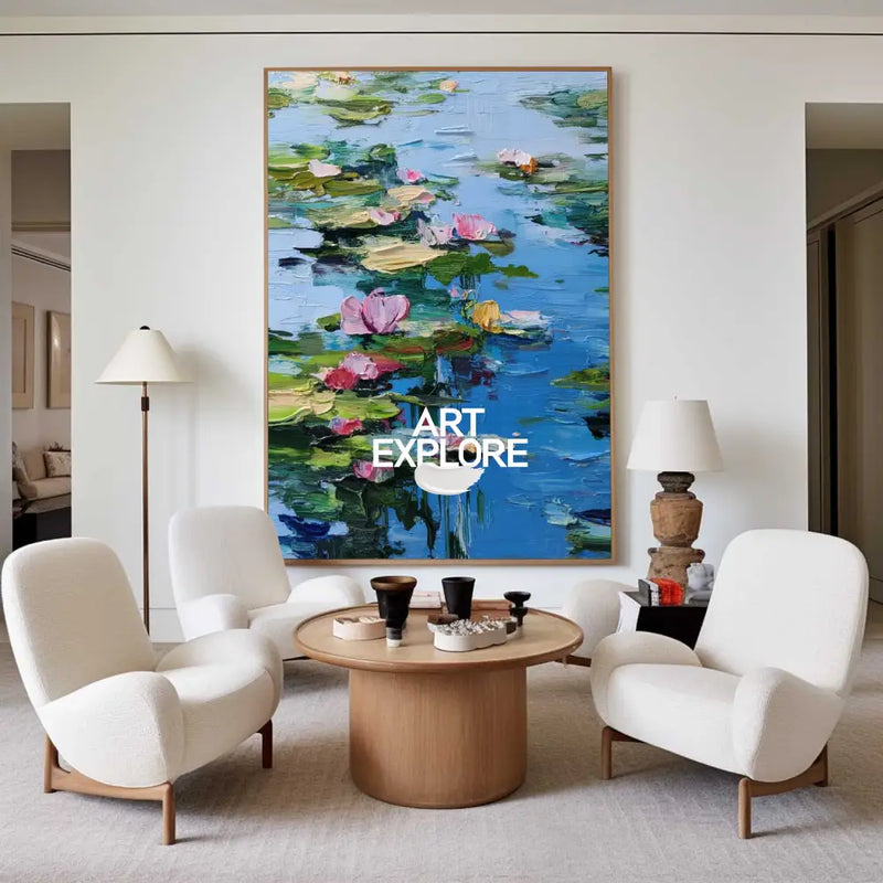 Blue Lotus Wall Art Painting Lage Water Lily Impressionist Painting Blue Texture Wall Art for Sale