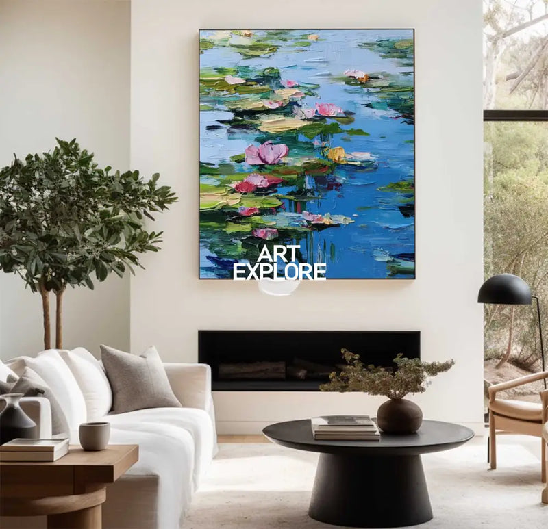 Blue Lotus Wall Art Painting Lage Water Lily Impressionist Painting Blue Texture Wall Art for Sale