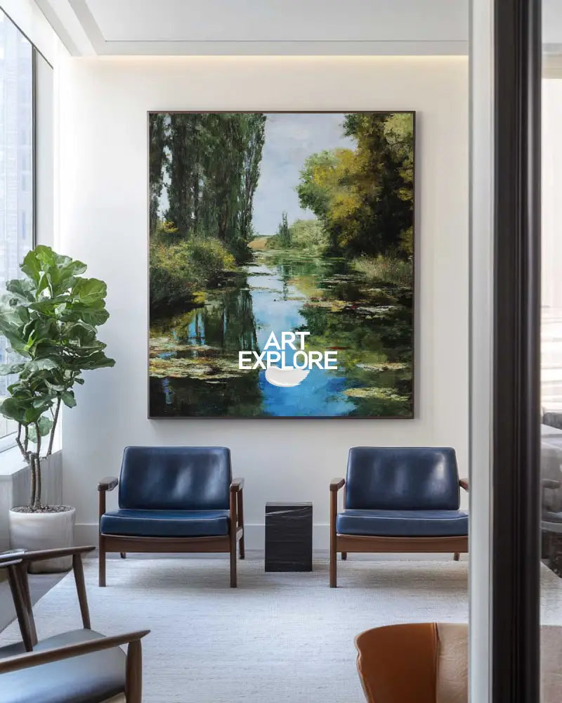 Large Green Swamp Landscape Wall Art Lake Impressionist Painting Texture Landscape Wall Art