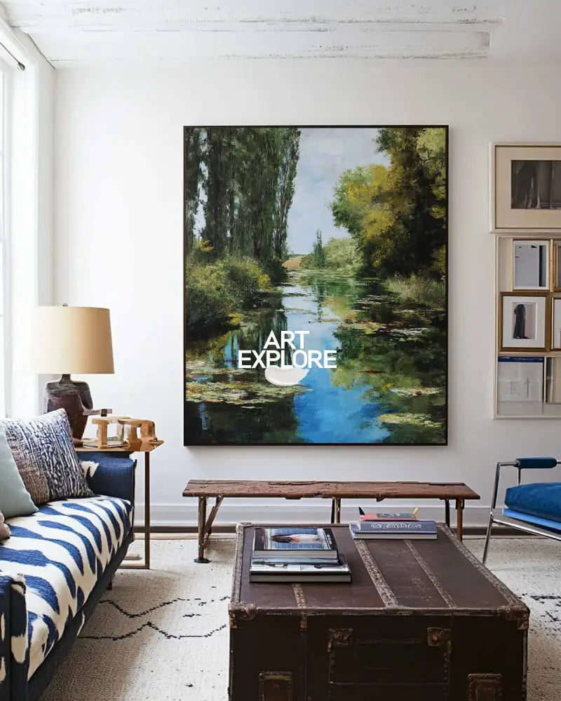 Large Green Swamp Landscape Wall Art Lake Impressionist Painting Texture Landscape Wall Art