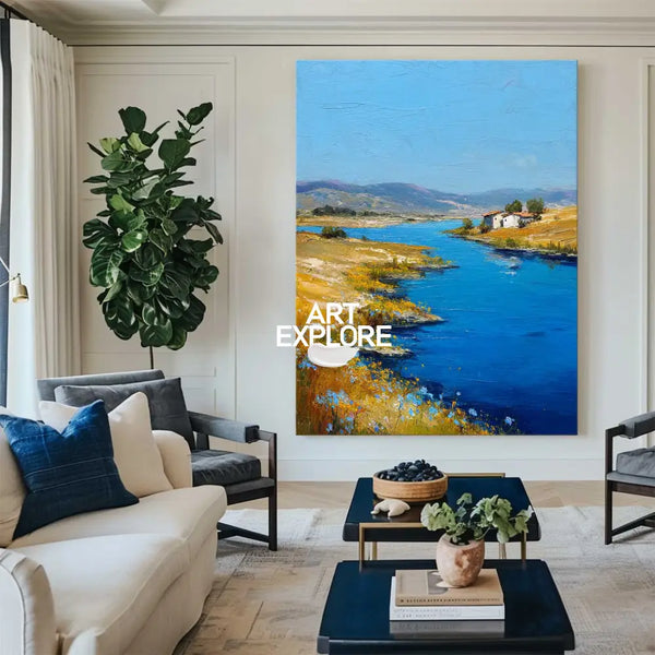 Large Blue Lake View Painting Modern Blue Landscape Wall Art Lake Impressionist Texture Wall Art