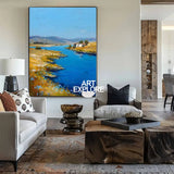 Large Blue Lake View Painting Modern Blue Landscape Wall Art Lake Impressionist Texture Wall Art