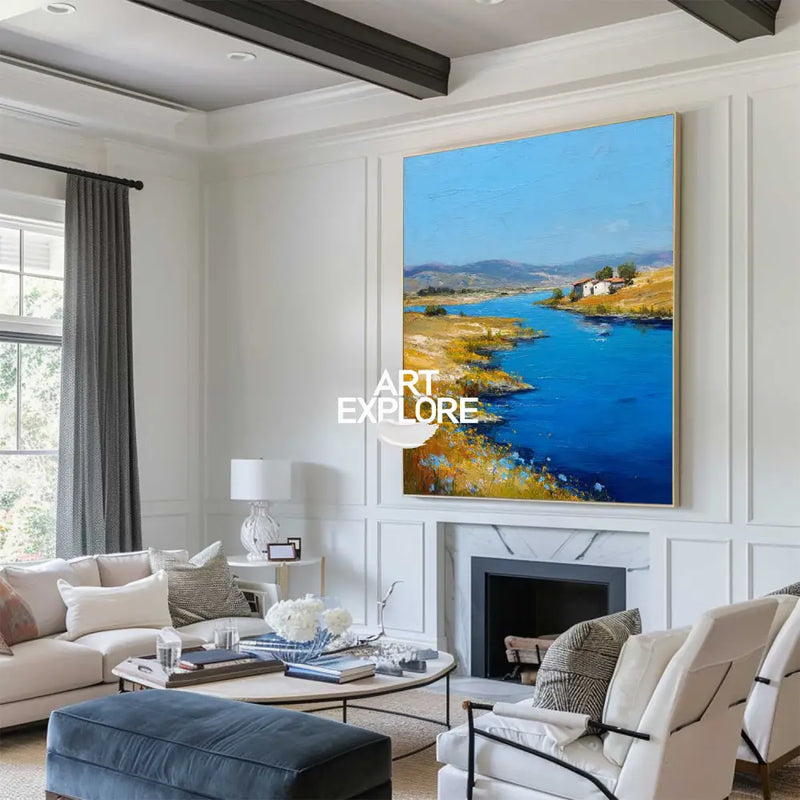 Large Blue Lake View Painting Modern Blue Landscape Wall Art Lake Impressionist Texture Wall Art