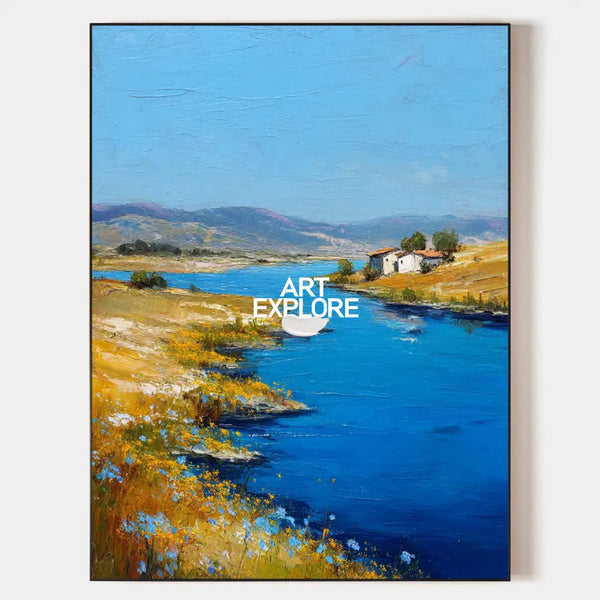 Large Blue Lake View Painting Modern Blue Landscape Wall Art Lake Impressionist Texture Wall Art