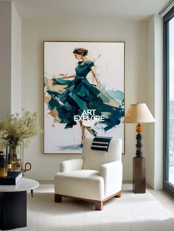 Large Green Painting Of Woman in Green Dress Handmade Oil Painting, ArtExplore Handmade Abstract Art