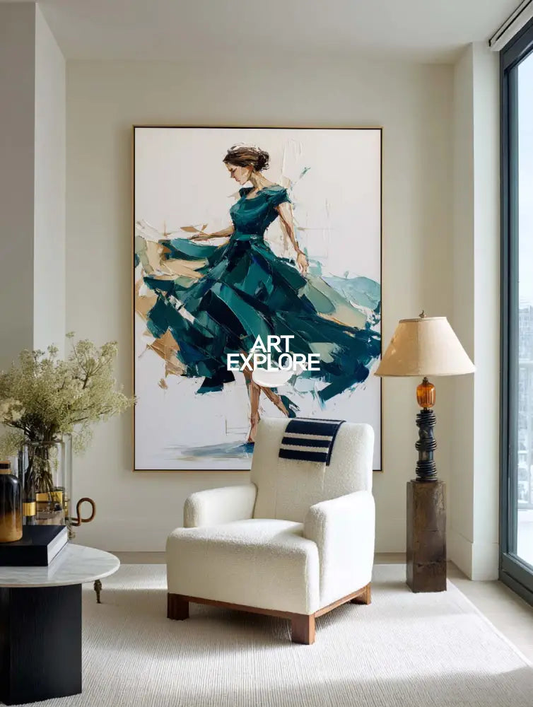 Large Green Painting Of Woman in Green Dress Handmade Oil Painting, ArtExplore Handmade Abstract Art