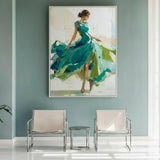 Large Painting of Elegant Woman in Flowing Green Dress | Green Wall Decor Painting for Living Room