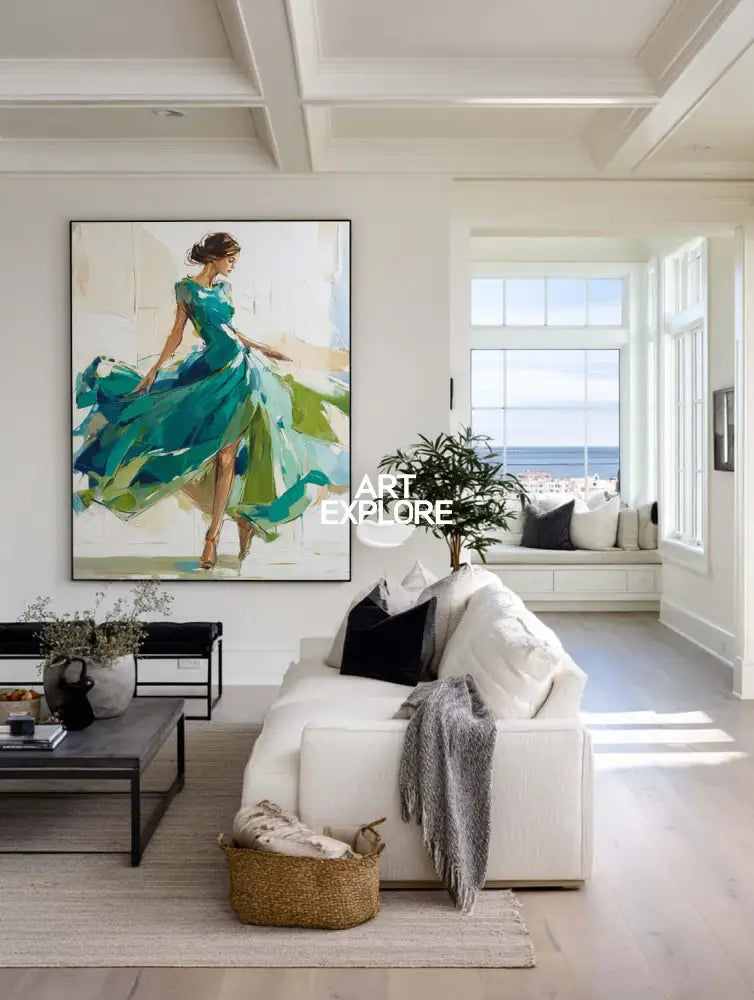 Large Painting of Elegant Woman in Flowing Green Dress | Green Wall Decor Painting for Living Room