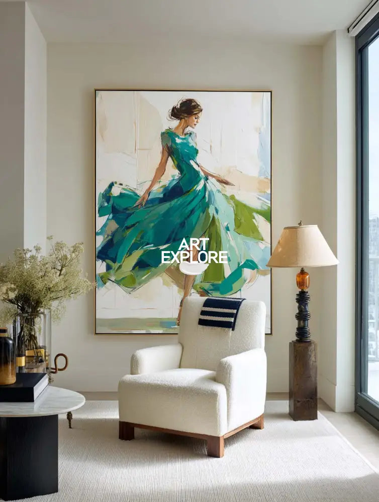 Large Painting of Elegant Woman in Flowing Green Dress | Green Wall Decor Painting for Living Room