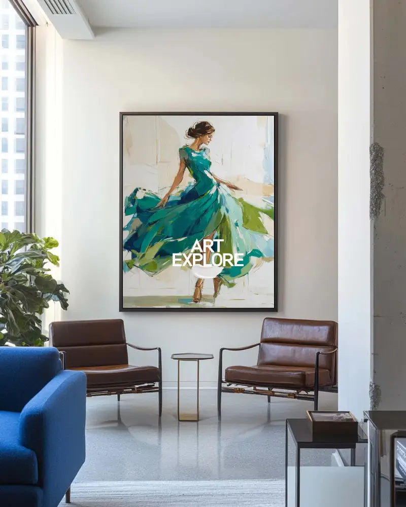 Large Painting of Elegant Woman in Flowing Green Dress | Green Wall Decor Painting for Living Room