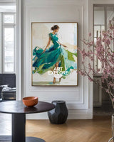 Large Painting of Elegant Woman in Flowing Green Dress | Green Wall Decor Painting for Living Room