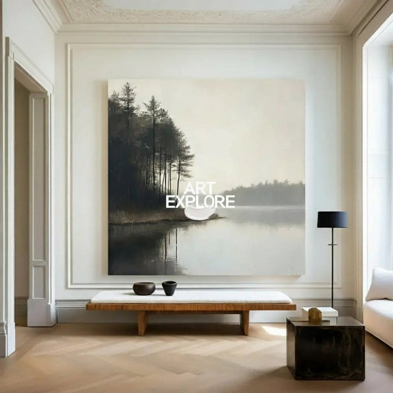 Large Lake Scenery Painting Textured Landscape Lake Canvas Wall Art Black White Painting For Sale