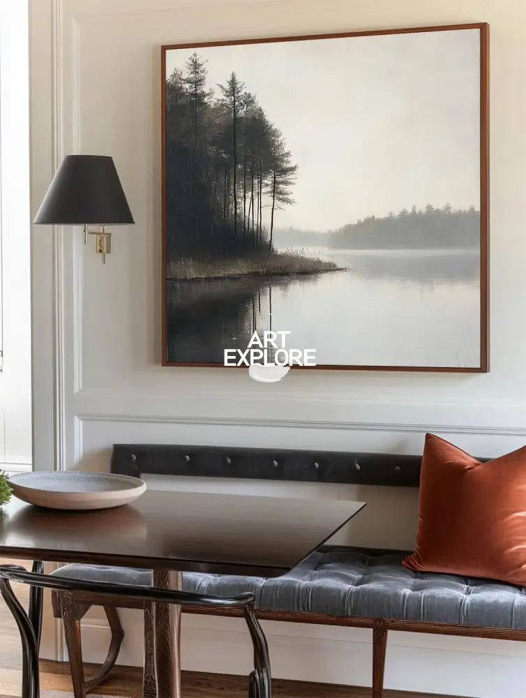 Large Lake Scenery Painting Textured Landscape Lake Canvas Wall Art Black White Painting For Sale