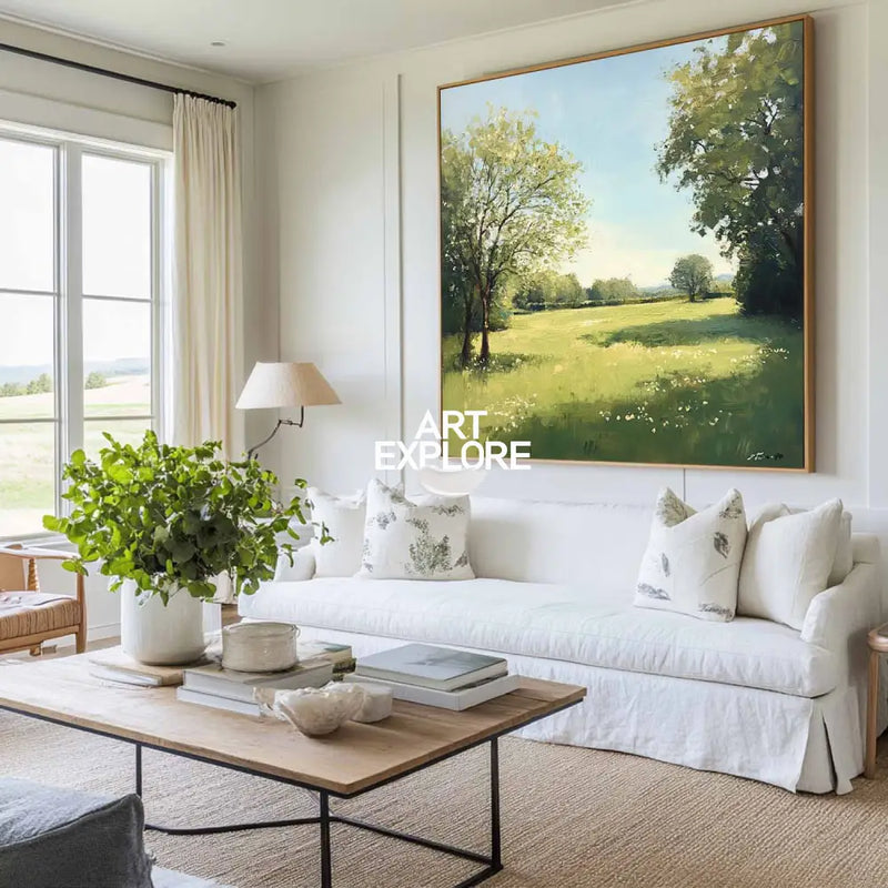 Green Backyard Oil Painting Large Green Fields Wall Art Large Landscape Canvas Art For Livingroom
