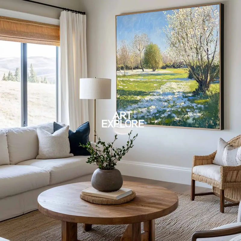 Modern Green Backyard Painting Green Sunny Garden Wall Art Large Green Landscape Canvas Art For Sale